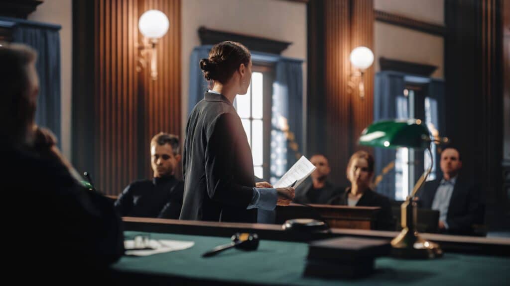 Attorney presenting the case in front of the judge in the courtroom.